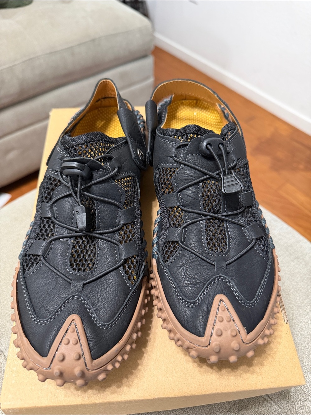 Greks Mens Black Mesh Leather Hybrid Sneakers with Brown Studded Outsole